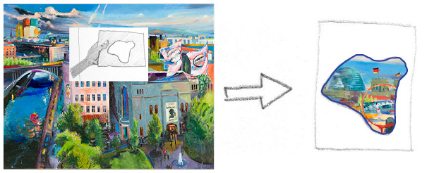 Image and excerpt: Roland Nicolaus, "Berliner Ensemble am Schiffbauerdamm - Panoramaansicht Berlin", 2005, Kunstsammlung der Berliner Volksbank K 1440, Photo: Peter Adamik
