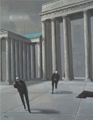 Abbildung des Werkes von Wolfgang Peuker, Pariser Platz II, 1990, &Ouml;l auf Hartfaser, 115 x 90 cm, Kunstsammlung der Berliner Volksbank K 168, VG Bild-Kunst, Bonn 2025, Foto: Peter Adamik